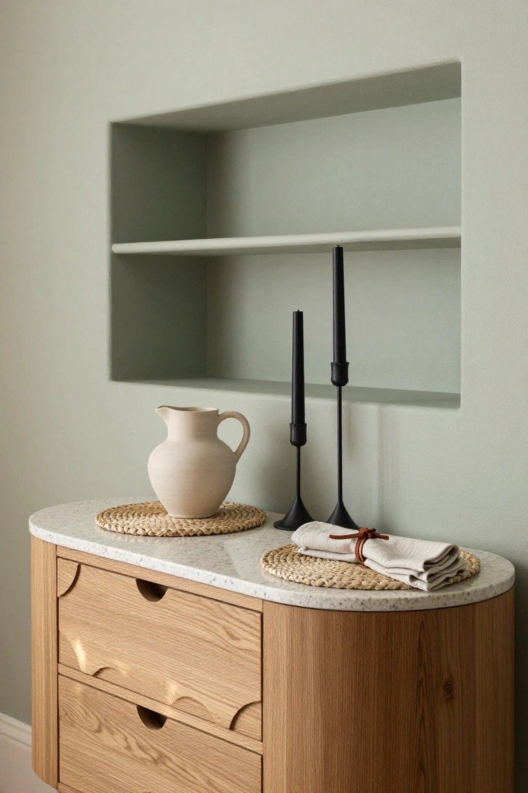 Wooden cabinet with beige pitcher, black candlesticks, and folded linens on countertop.