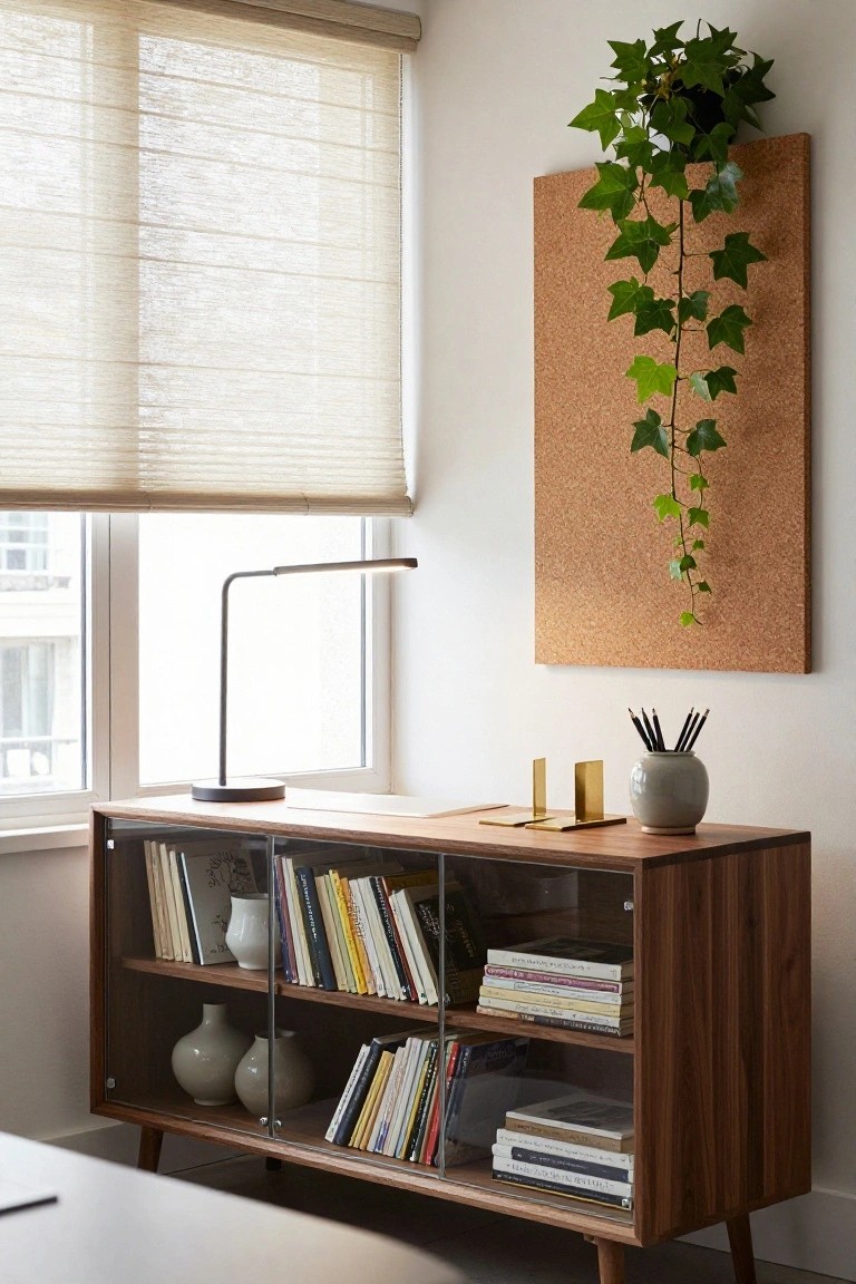 Modern wooden bookshelf with books, lamp, and hanging plant near window.