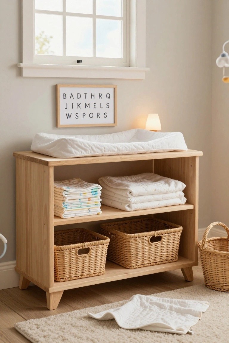 A light wood sideboard topped with a white changing pad, open shelves holding folded baby items and wicker baskets, placed under a window in a neutral room.