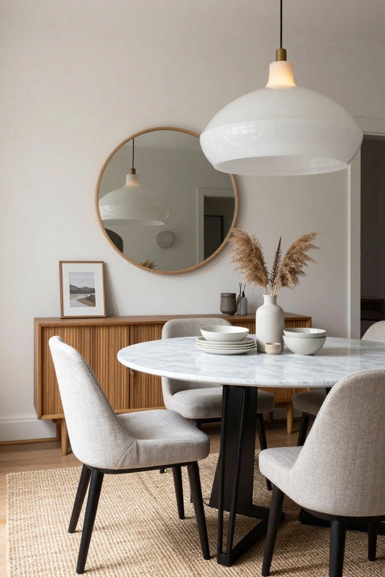 A modern dining room with a round marble table, four upholstered chairs, a wooden slatted sideboard, and a large round mirror hanging above it.