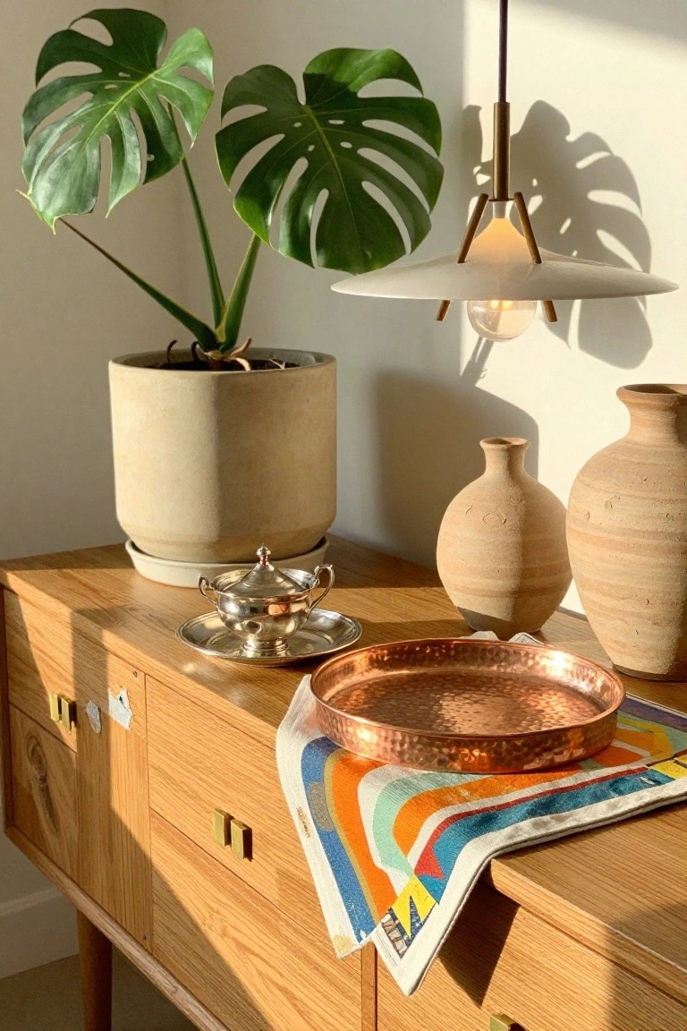 A light wood sideboard holds a large monstera in a concrete pot, a copper tray on a striped cloth, two clay vases, and a silver dish under a modern pendant light.