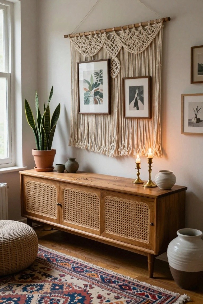 Boho living room with wooden sideboard, macramé wall hanging, and snake plant.