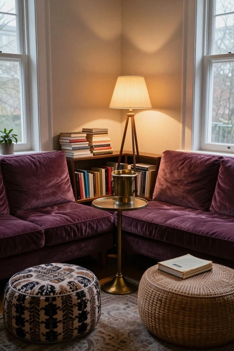 Corner of a living room with two purple velvet sofas arranged in a U-shape around a brass table holding a lamp and ice bucket, flanked by wooden bookshelves filled with books, two ottomans on a patterned rug, and large windows.