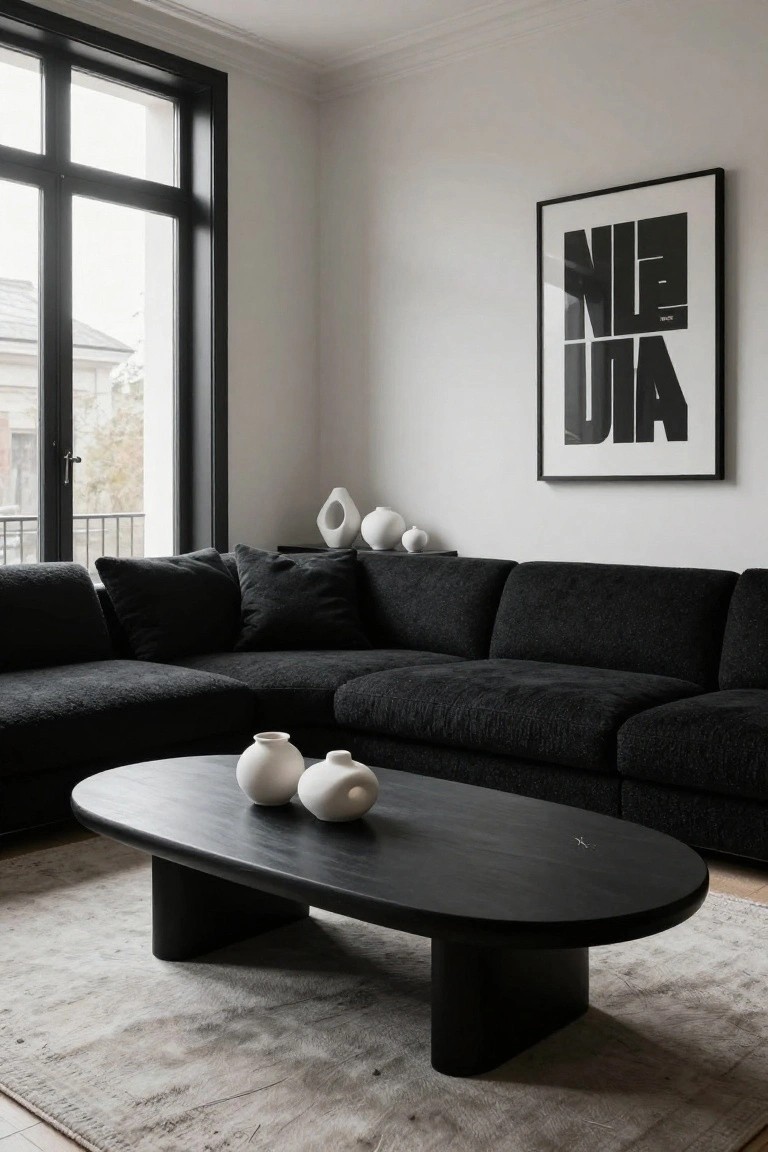 Black U-shaped sofa in a white-walled living room corner with large black-framed windows, black oval coffee table topped with two white ceramic vases, scattered white ceramics on shelves, and a beige rug on the floor.