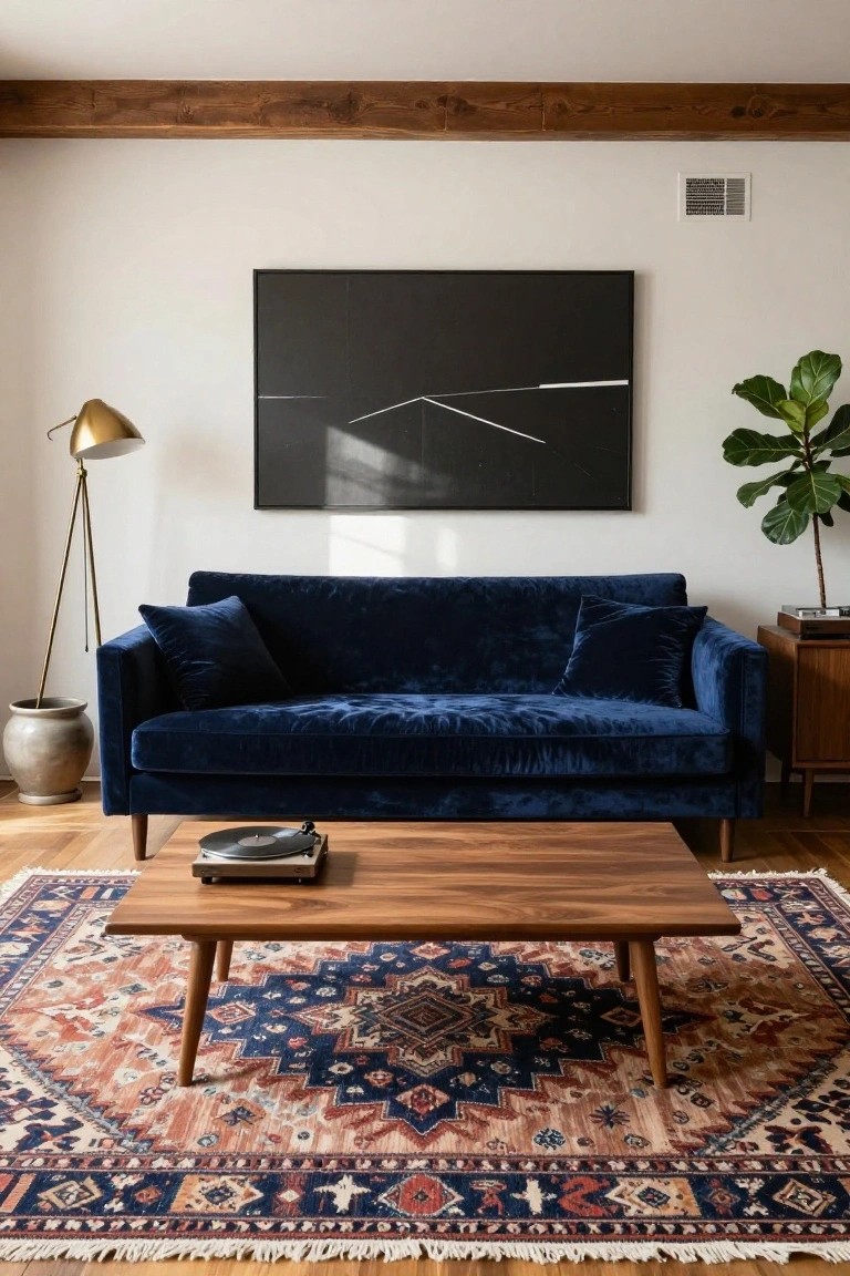 Living room with navy blue velvet three-seater sofa, low walnut coffee table holding a turntable, red and blue patterned rug, gold arched floor lamp, fiddle leaf fig plant, wood side table, abstract black line artwork on white wall, and exposed wood beam ceiling over hardwood floors.
