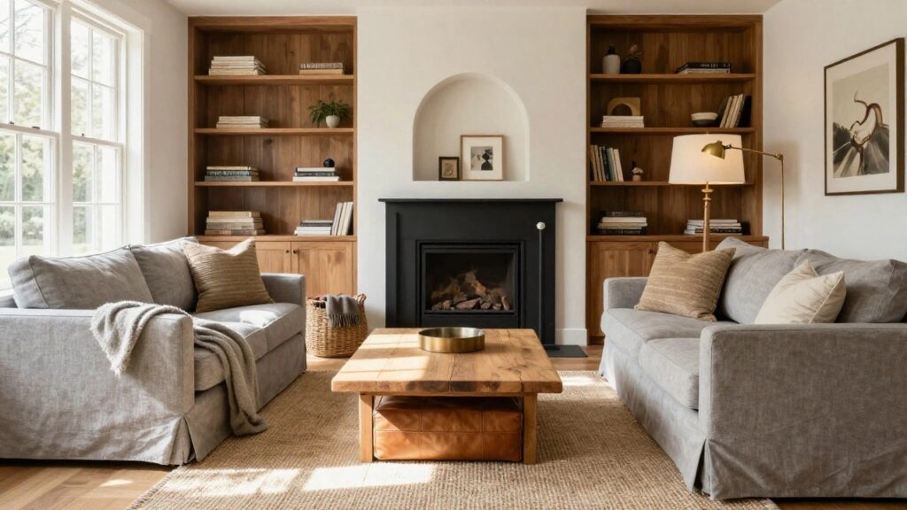 Living room with light beige sofa facing fireplace, flanked by wooden bookshelves with ceramics and books, wooden coffee table holding teacups, brown leather pouf on beige rug, near window with sheer curtains