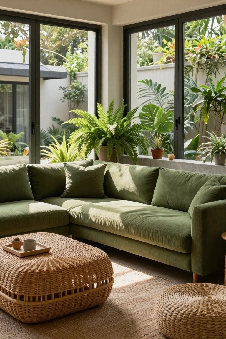 A green U-shaped sofa positioned in the corner of a bright living room with large sliding glass doors and windows overlooking lush greenery, surrounded by indoor plants, a wicker coffee table holding a tray with a cup, and two woven poufs on a textured rug.