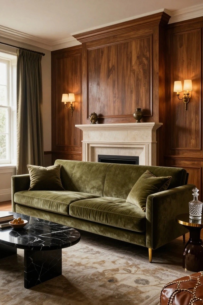 Wood-paneled living room with a green velvet sofa positioned in front of a limestone fireplace, black marble coffee table, wall sconces, and a patterned rug.