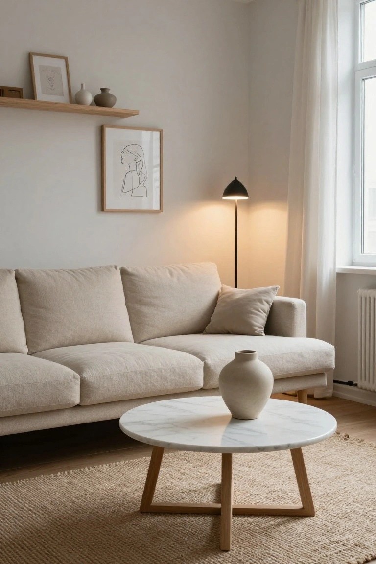 Light beige U-shaped sofa in a minimalist living room with round white marble coffee table holding a beige vase, black floor lamp, wall art, shelves with ceramics, sheer curtains, and neutral walls.