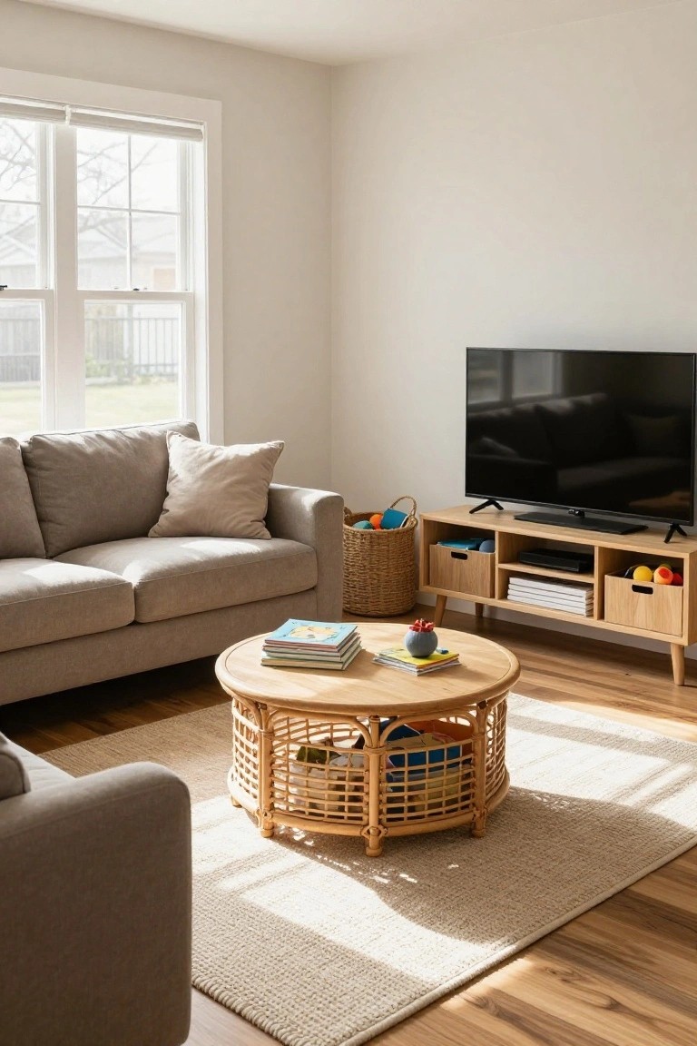 Bright living room featuring a gray L-shaped sofa, round woven coffee table with toys and books, wooden TV stand with orange balls, and large window with blinds.