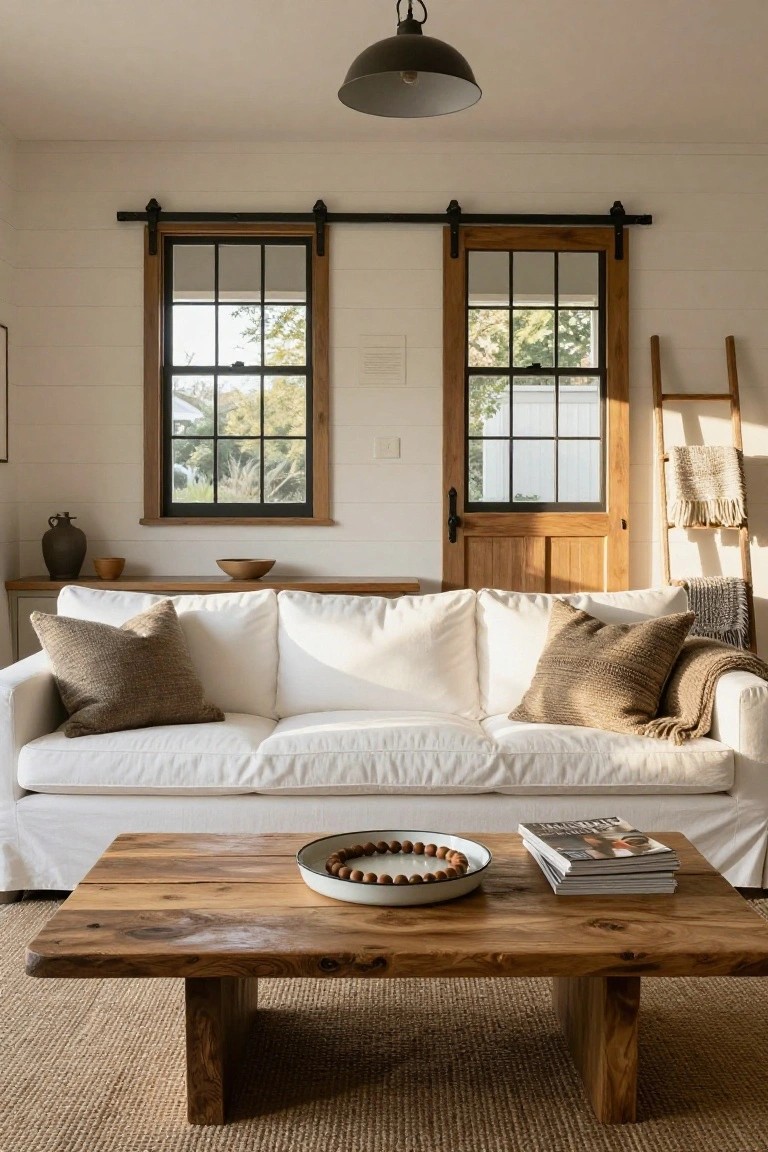 White slipcovered sofa with beige pillows and throw on a jute rug in front of a live-edge wooden coffee table, beside black-framed windows and a sliding wooden barn door on white shiplap walls.