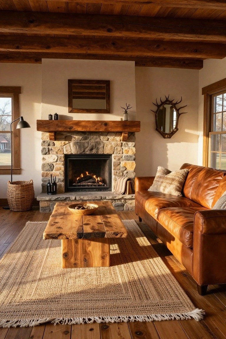 Rustic living room interior with tan leather sofa facing a lit stone fireplace, live-edge wooden coffee table on jute rug, wooden beams on ceiling, antlers above mirror, and windows overlooking yard.