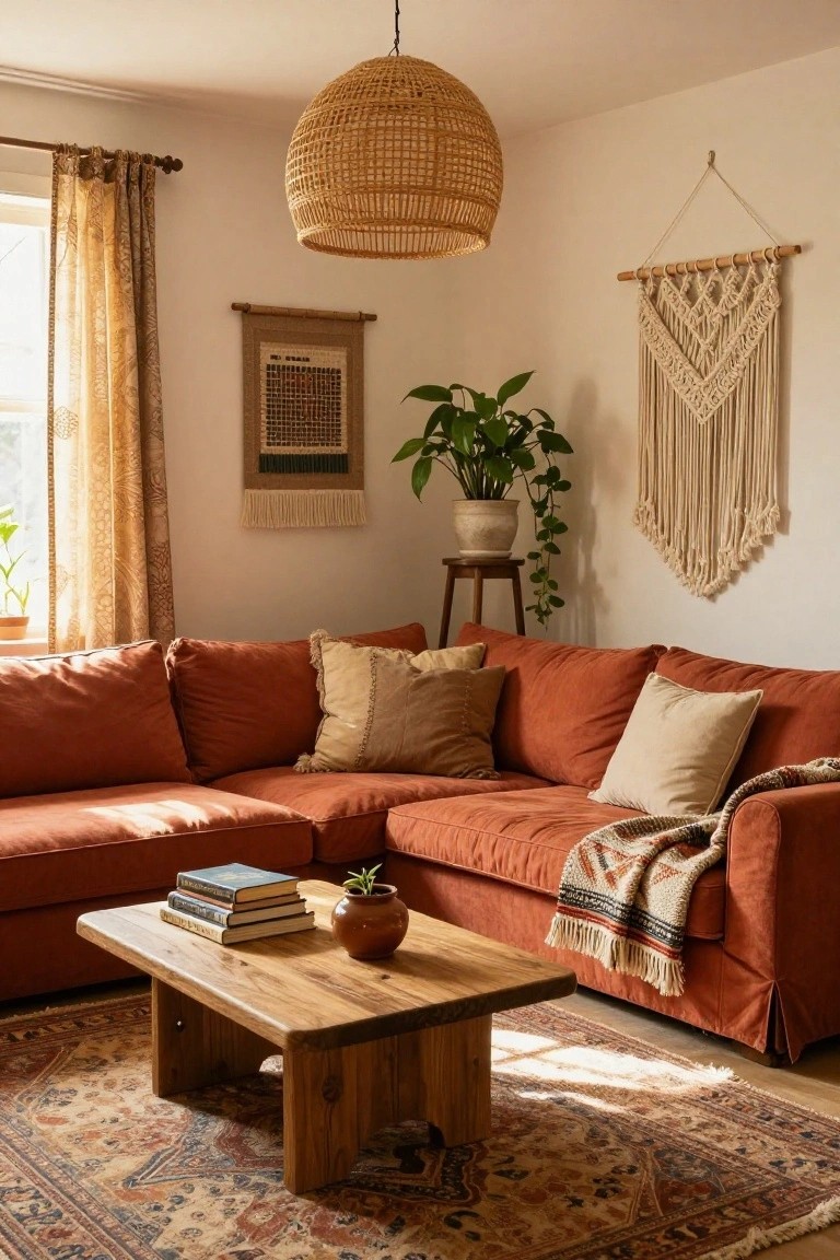 Cozy living room corner with terracotta L-shaped sofa piled with beige and tan pillows, low wooden coffee table holding stacked books and potted plant, rattan pendant lamp overhead, macrame wall hanging, potted plants on stand, and patterned rug on floor.