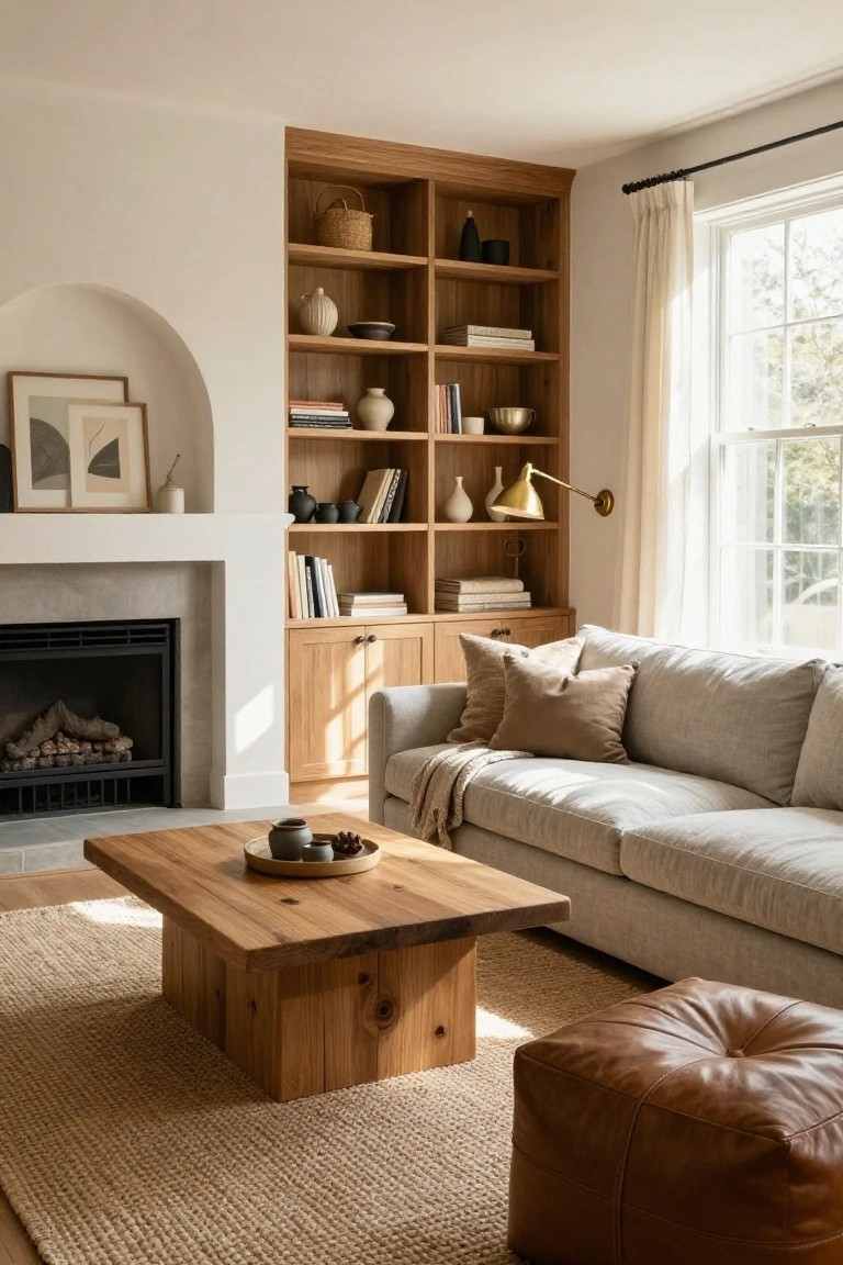 Living room with light beige sofa facing fireplace, flanked by wooden bookshelves with ceramics and books, wooden coffee table holding teacups, brown leather pouf on beige rug, near window with sheer curtains