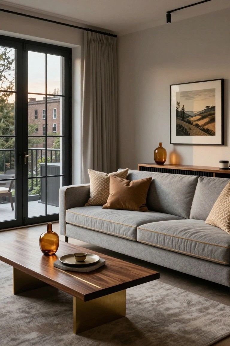 Light gray sofa with patterned pillows faces large black-framed glass doors opening to a balcony, with a wood and brass coffee table in front, neutral walls, and beige rug in a modern living room.