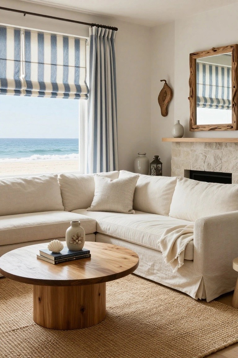A cream-colored L-shaped sectional sofa arranged in a U formation in a light living room, facing large windows with blue-and-white striped shades overlooking the ocean and beach, with a round wooden coffee table, neutral pottery, and a beige stone fireplace.