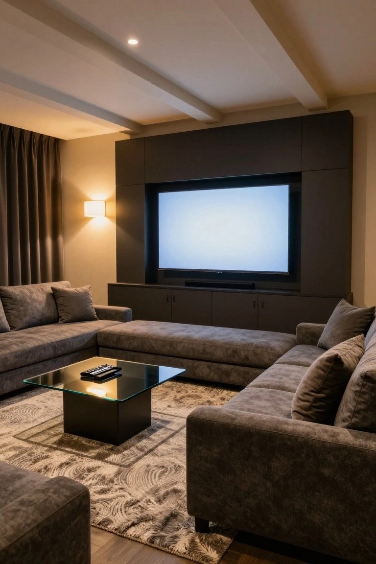 Modern living room with U-shaped gray sectional sofa facing a large blank TV screen on a dark built-in wall unit, glass coffee table centered on a patterned rug, neutral tones and recessed lighting.