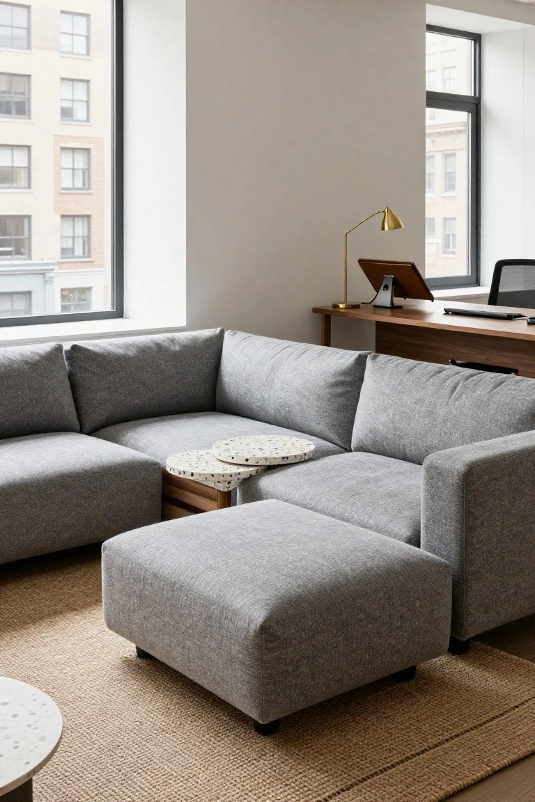 Gray U-shaped fabric sofa with matching ottoman in a bright living room corner, wood desks and tables nearby, large windows showing city buildings outside.