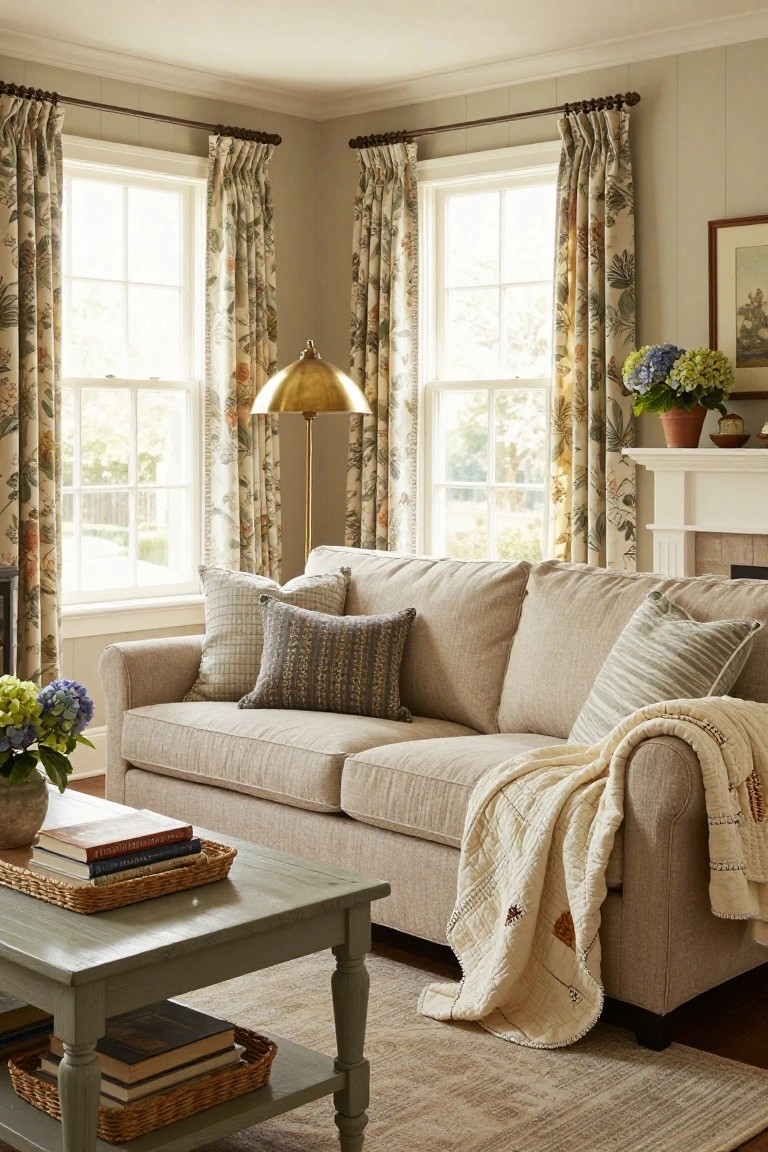 Cream-colored sofa in the corner of a living room with floral curtains on two large windows, brass floor lamp, green coffee table holding books and baskets, hydrangeas, and a white fireplace.