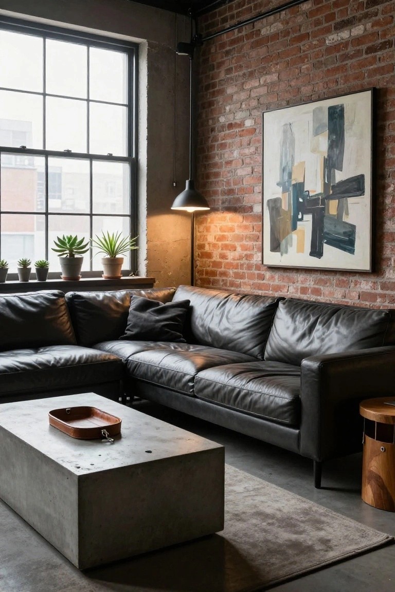 Black leather U-shaped sectional sofa in a corner of a loft living room with exposed brick walls, large windows with potted plants on the sill, abstract painting on the wall, concrete coffee table with a leather tray, arc lamp, and wooden stool nearby.