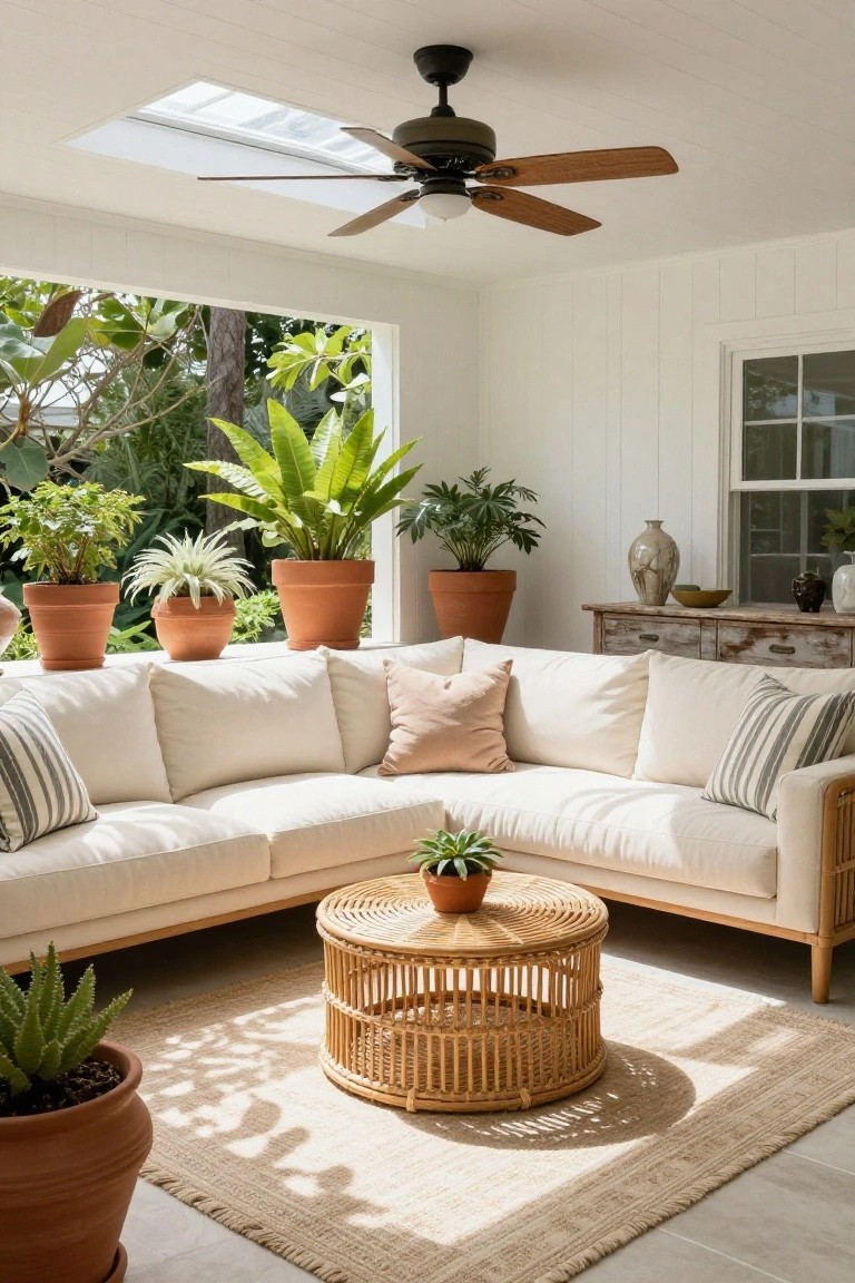 Cream U-shaped sofa with striped and pink pillows on a light floor in a white-walled covered patio open to lush greenery, with potted plants, rattan coffee table, and ceiling fan above.