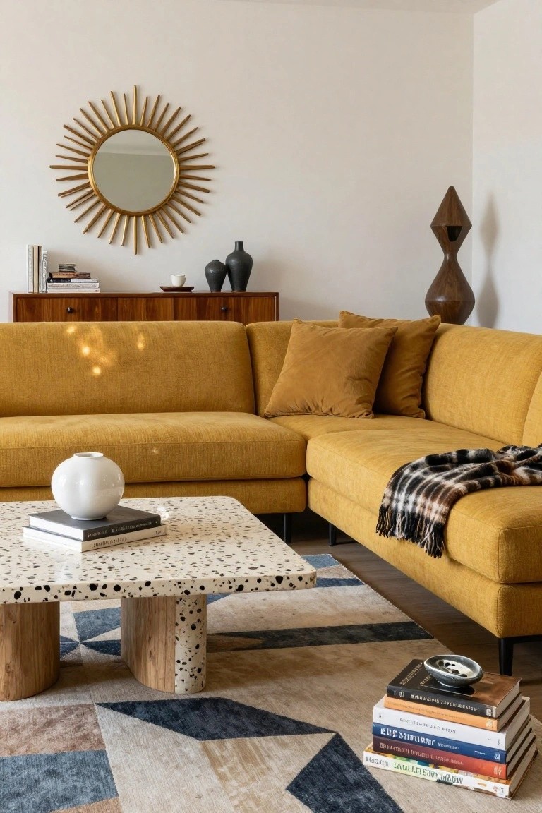 Modern living room corner with mustard yellow L-shaped sectional sofa, white ceramic vase on terrazzo coffee table with books, stack of books on geometric rug, gold sunburst mirror on wall, wooden credenza, and abstract wooden sculpture.