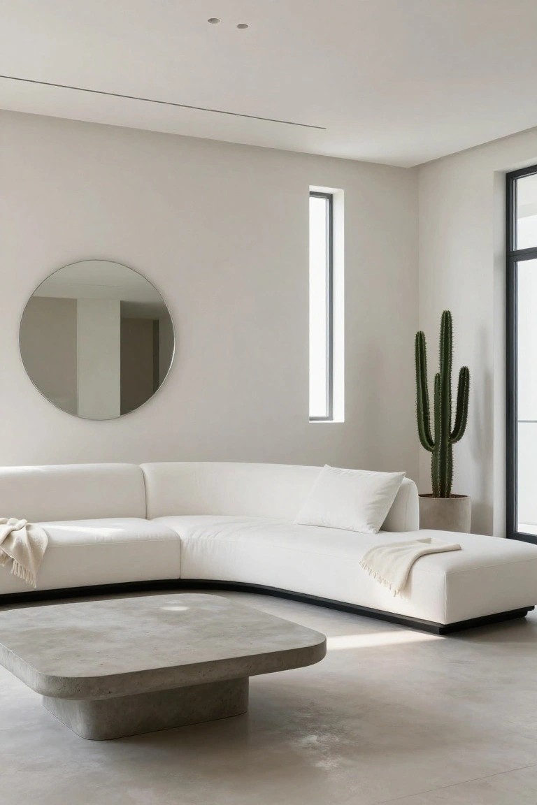 Minimalist living room with white curved U-shaped sofa, low square concrete coffee table, tall potted cactus, large round wall mirror, and slim black-framed windows.