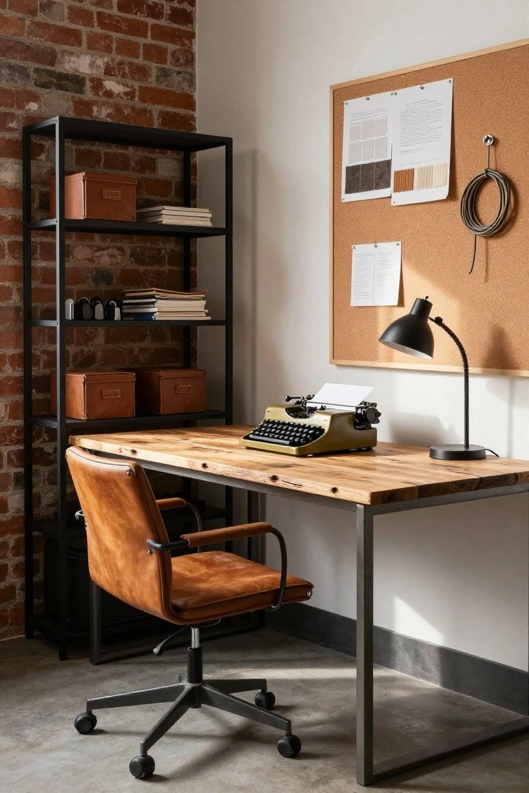 Home office with tan leather chair at wooden desk topped by green typewriter, adjacent black metal shelving unit holding books and boxes, exposed brick wall, corkboard with papers and fabric swatches, gooseneck lamp, and coiled cord.