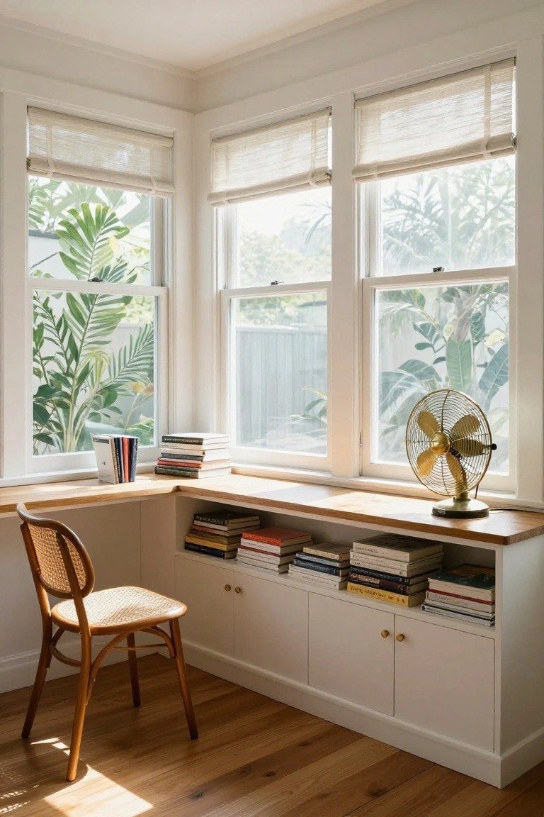 Corner wooden desk built into white shelving and cabinets under two sets of large windows with sheer blinds and outdoor plants visible, rattan chair, gold fan, books on shelves, hardwood floor in bright room.