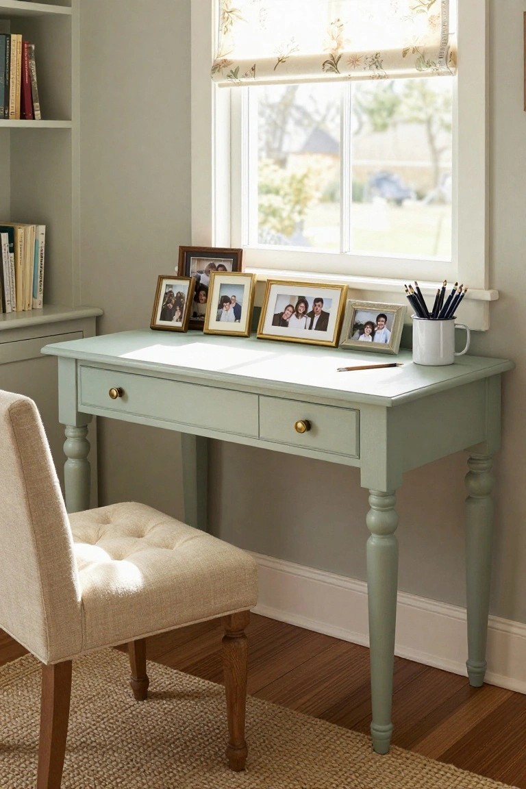 A pale green wooden desk in a room corner under a window with sheer floral curtains, flanked by open bookshelves with books and gold picture frames of family photos, a tufted beige chair, and a white mug holding pencils on the desk.