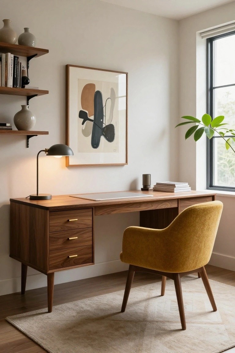 Corner home office with walnut desk, yellow velvet armchair, adjustable desk lamp, floating wooden shelves holding books and vases, abstract print on wall, and potted plant near window.