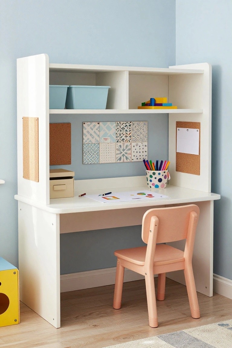 White U-shaped corner desk with open shelves holding blue bins and toys, corkboards, colored pencils in a spotted mug, papers on the desktop, pink chair, and yellow toy box in a light blue room.