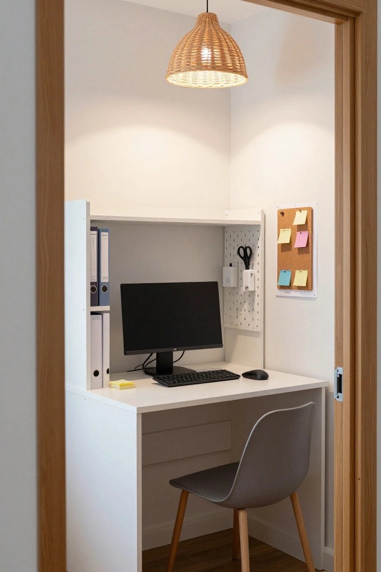 White U-shaped corner desk with monitor, keyboard, mouse, grey chair, open shelves with files, corkboard with sticky notes, scissors on pegboard, and woven pendant light in a white room with wooden door frame.