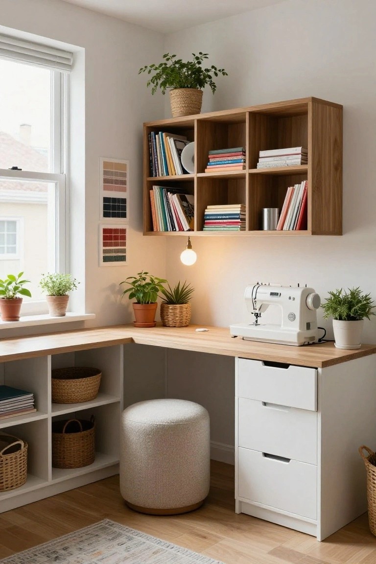 Bright indoor corner with light oak U-shaped desk, white sewing machine, wooden shelves stocked with books and baskets, potted plants, white cabinetry, and a round pouf stool on wood floor.