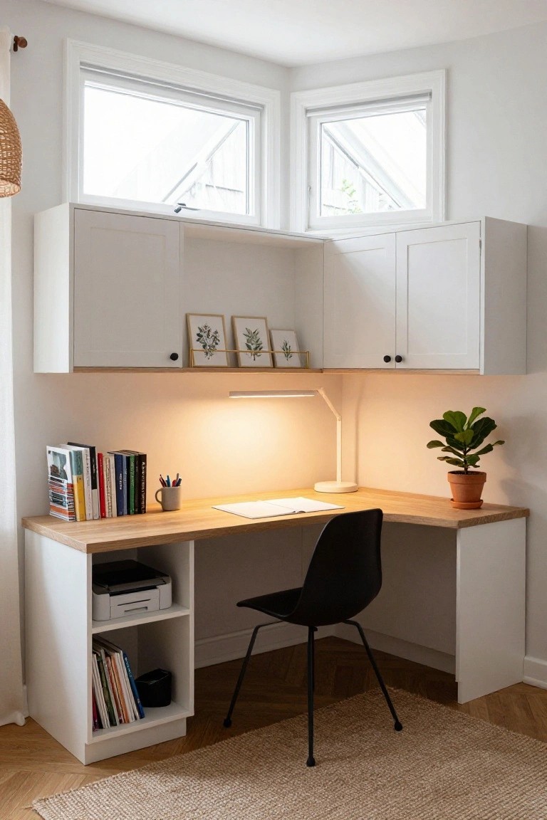 White U-shaped corner desk with overhead cabinets, wood desktop, books, lamp, potted plant, black chair, and window views in a bright room.
