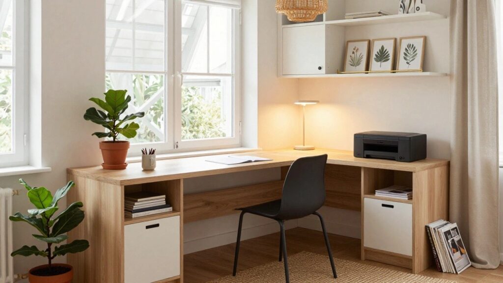 20 U-Shaped Desk Office Ideas That Feel Spacious White U-shaped corner desk with overhead cabinets, wood desktop, books, lamp, potted plant, black chair, and window views in a bright room.