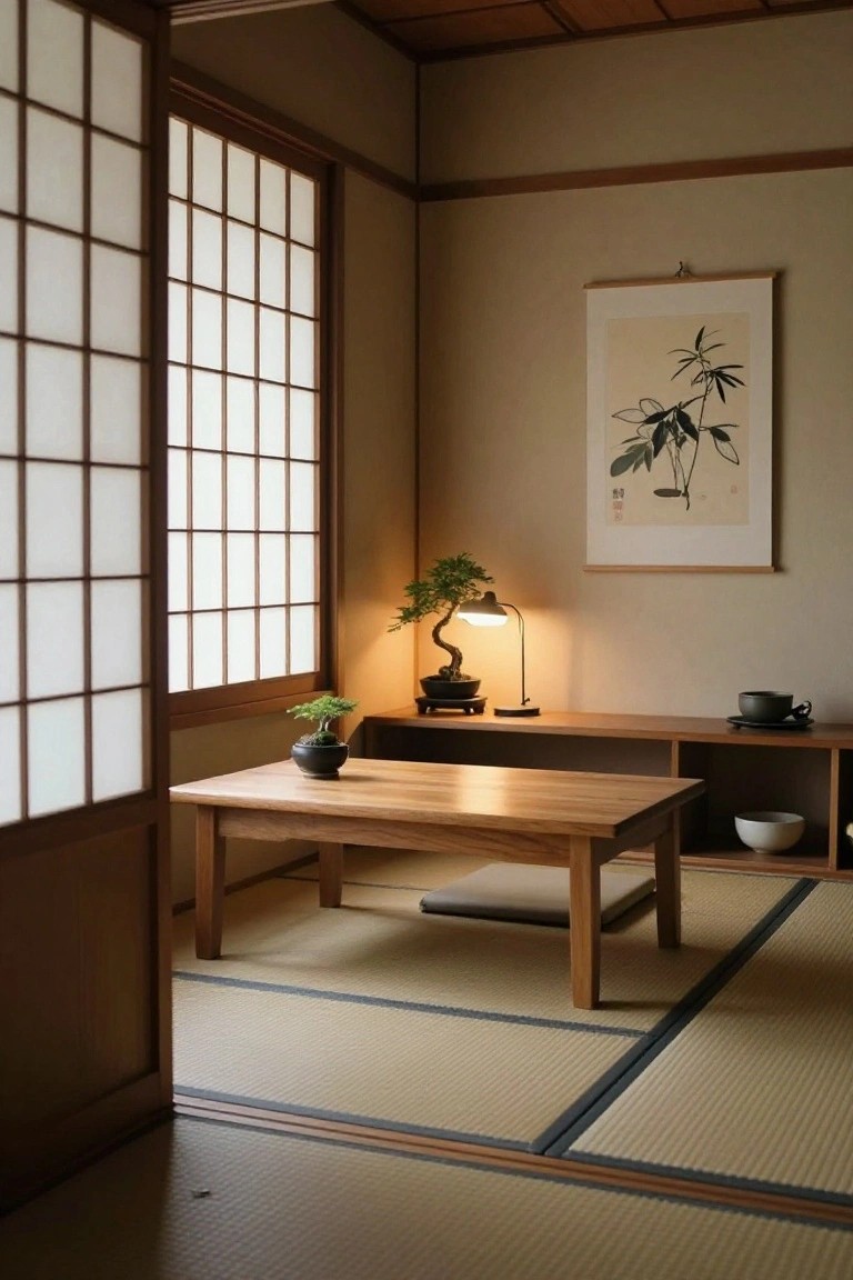 Traditional Japanese interior room with tatami mat floor, low rectangular wooden table, small bonsai plants in black pots, wooden open shelving unit, desk lamp, shoji screen doors, and hanging bamboo artwork on beige walls.