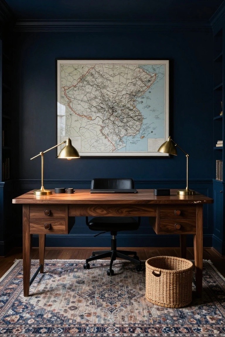 Home office interior with navy blue paneled walls, wooden desk with drawers on both sides, black office chair, two gold adjustable desk lamps, large framed vintage map above the desk, bookshelves, and woven basket on Persian-style rug.