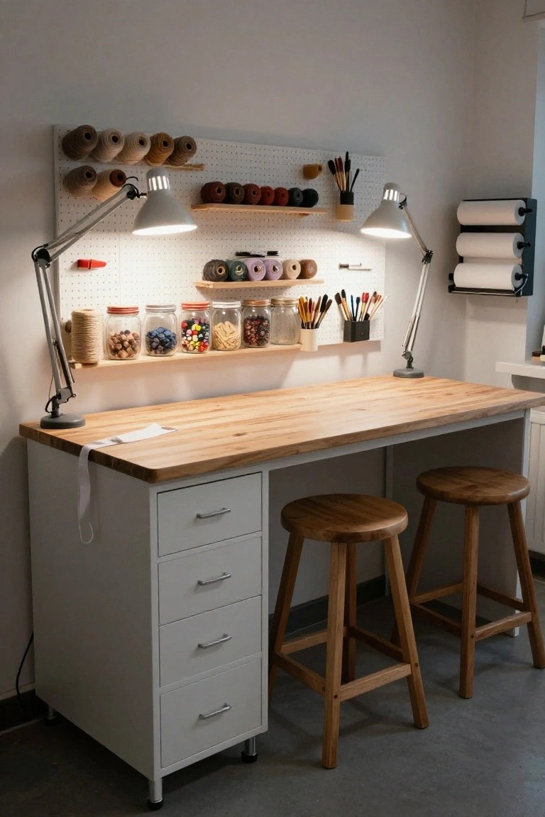 White desk with butcher block top and drawers against a pegboard wall holding yarn spools, jars of beads, brushes, and shelves, with two wooden stools in front.