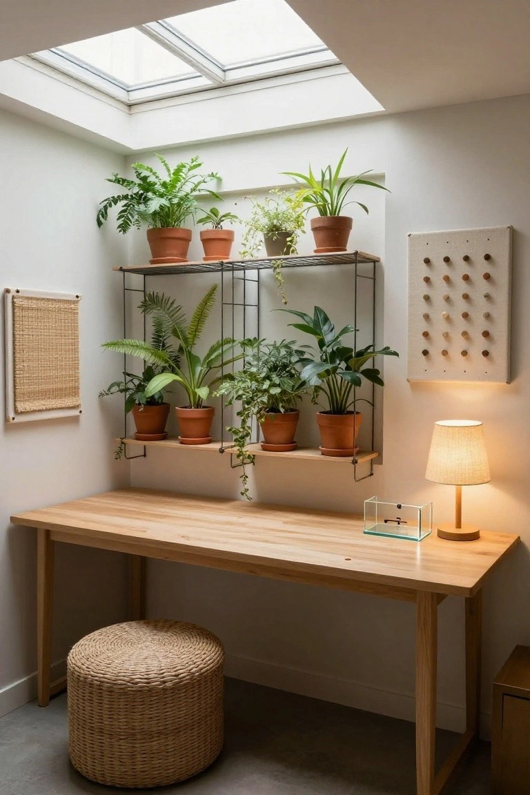 Wooden desk in a light-filled corner with rattan pouf stool, metal wall shelves holding multiple potted plants in terracotta pots, and a small lamp nearby under a skylight.