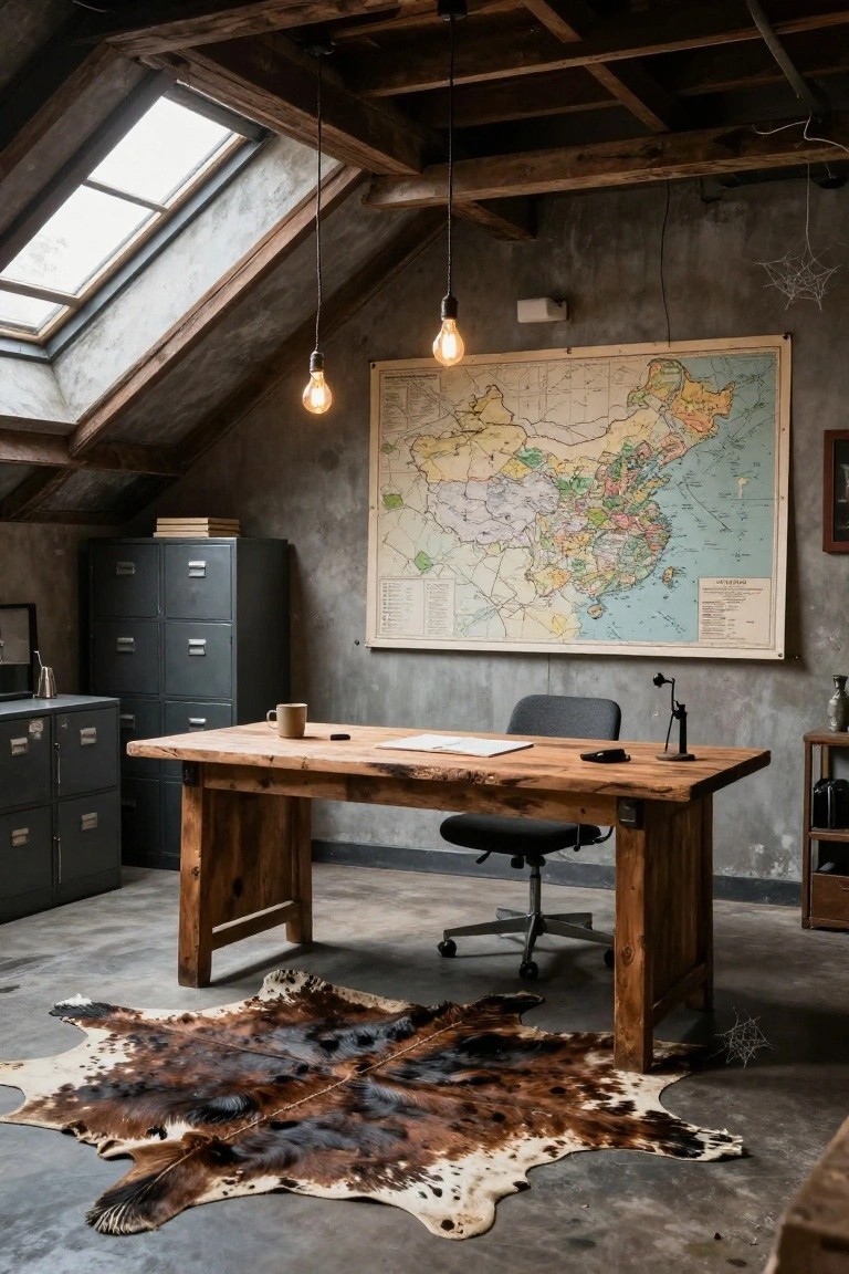 Attic office with wooden desk centered under exposed beams, gray metal filing cabinets on both sides forming U-shape, large vintage map of China on wall, cowhide rug on concrete floor, and pendant lights overhead.