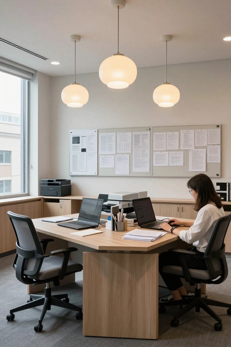 Modern office interior with light wood U-shaped desk holding multiple laptops and office supplies, a woman in white blouse working at one end, pendant lights overhead, whiteboards on walls, and window view.