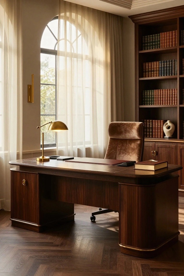 A home office with a large U-shaped wooden desk, brown leather chair on wheels, brass banker's lamp, open books on the desk, tall wooden bookshelves filled with books, a ceramic vase, and sheer curtains over a tall arched window.