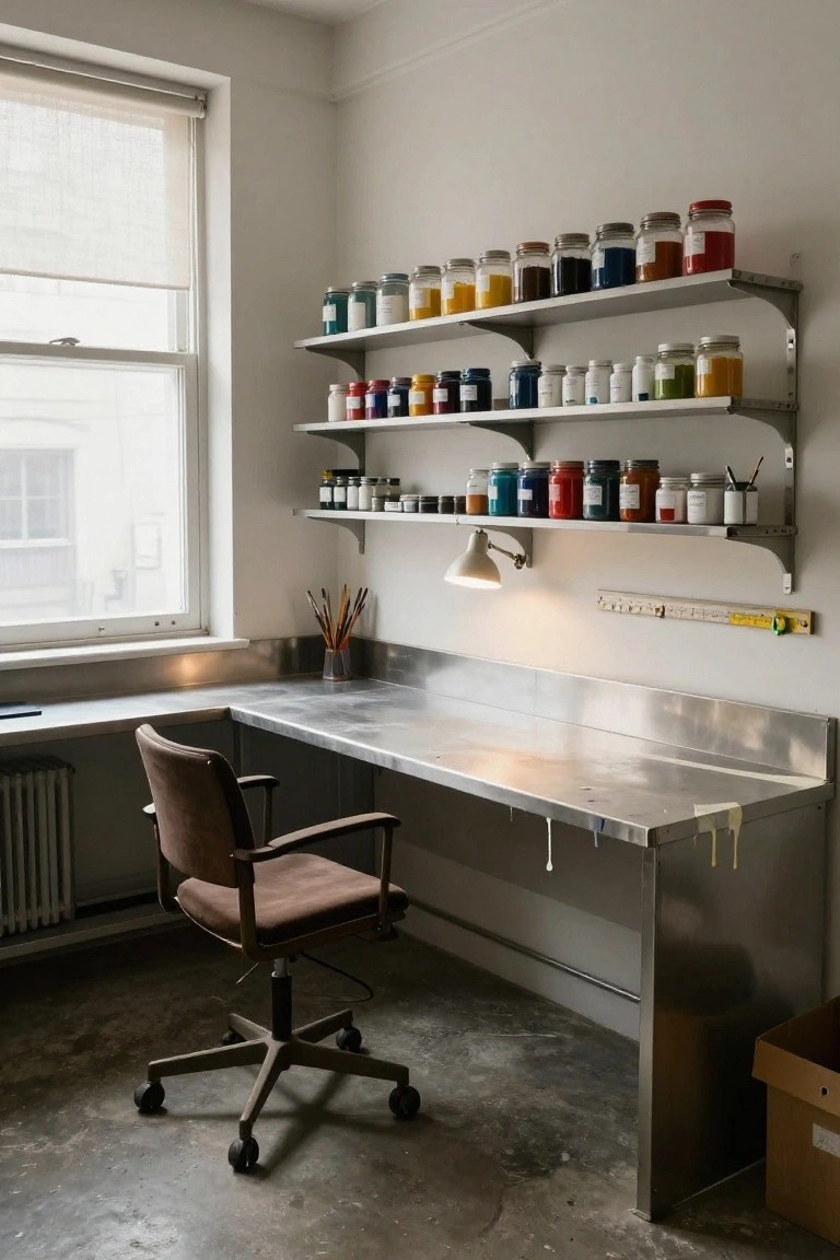 Corner stainless steel workbench desk in an art studio with brown leather swivel chair, wall-mounted shelves holding colorful paint jars, brushes on the table, and a window with blinds.