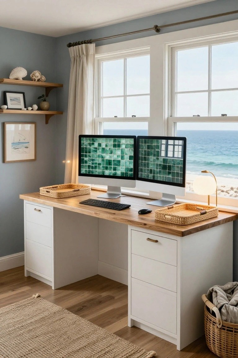 Home office with white U-shaped desk topped in light wood, dual green mosaic screens on iMacs, wicker trays, shelves with shells, and large windows overlooking ocean and beach.