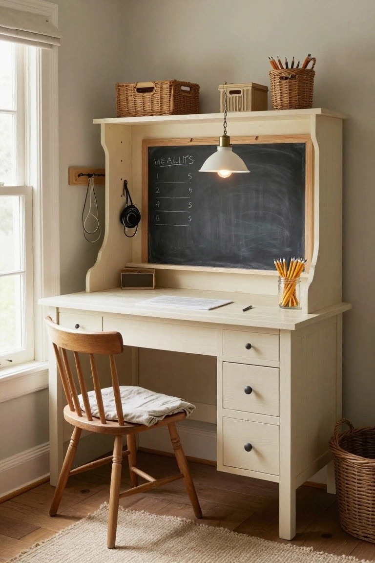 Cream U-shaped wooden desk with chalkboard hutch, pendant light, wicker baskets, pencils in jar, wooden chair, and open drawers in a light gray corner room with window.
