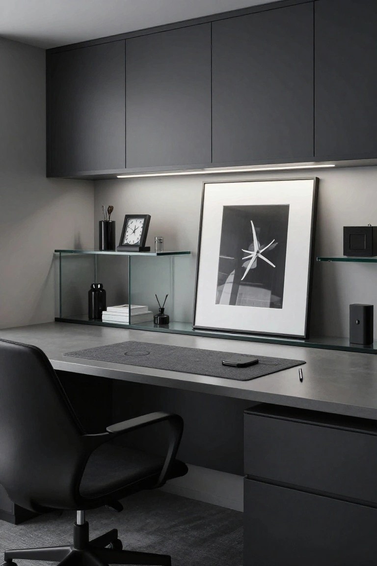 Modern home office with U-shaped concrete desk topped by glass shelves and black cabinets, black office chair, and large framed black-and-white photo on the wall.