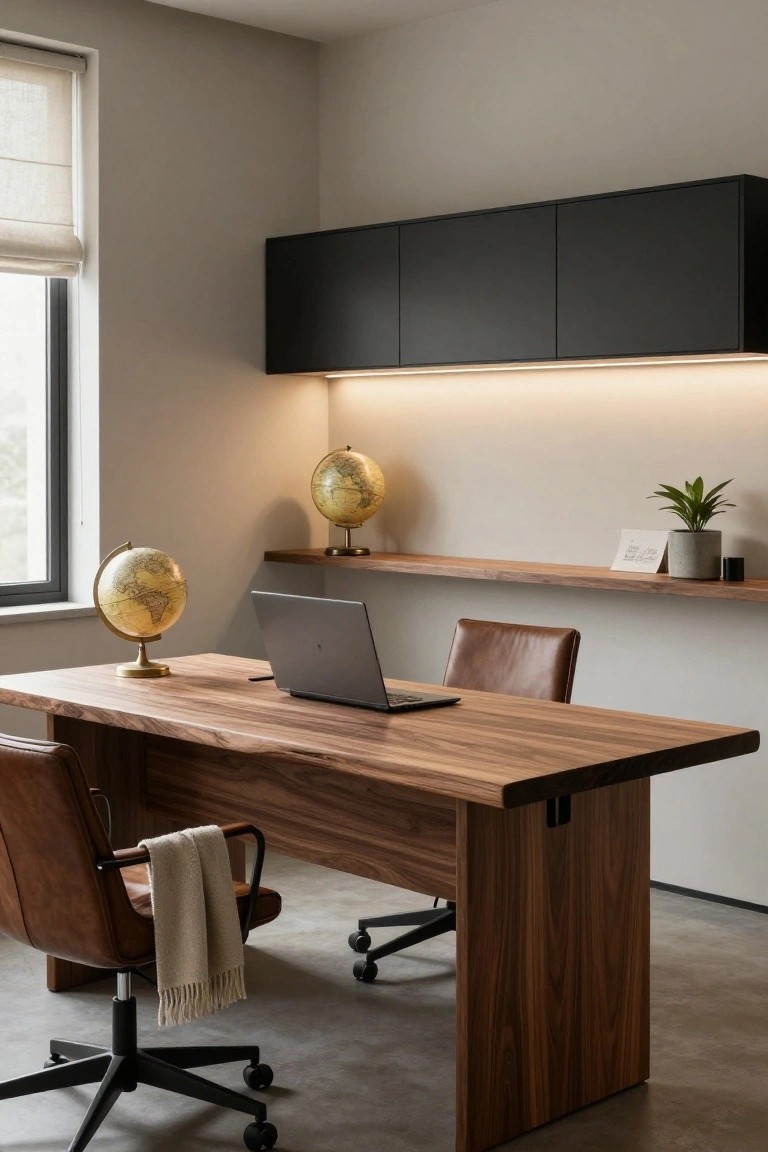 Home office interior with large wooden desk, two leather office chairs, open laptop, gold globe on desk, black wall cabinets, wooden floating shelves holding plant and card, linen window shade, and potted plant.