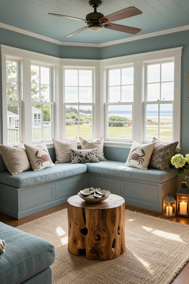 Light blue corner bench seating with white and patterned pillows including crab designs, built into walls below large bay windows overlooking grass, trees, and ocean, centered on a natural wood stump table with shell bowl atop a beige rug.