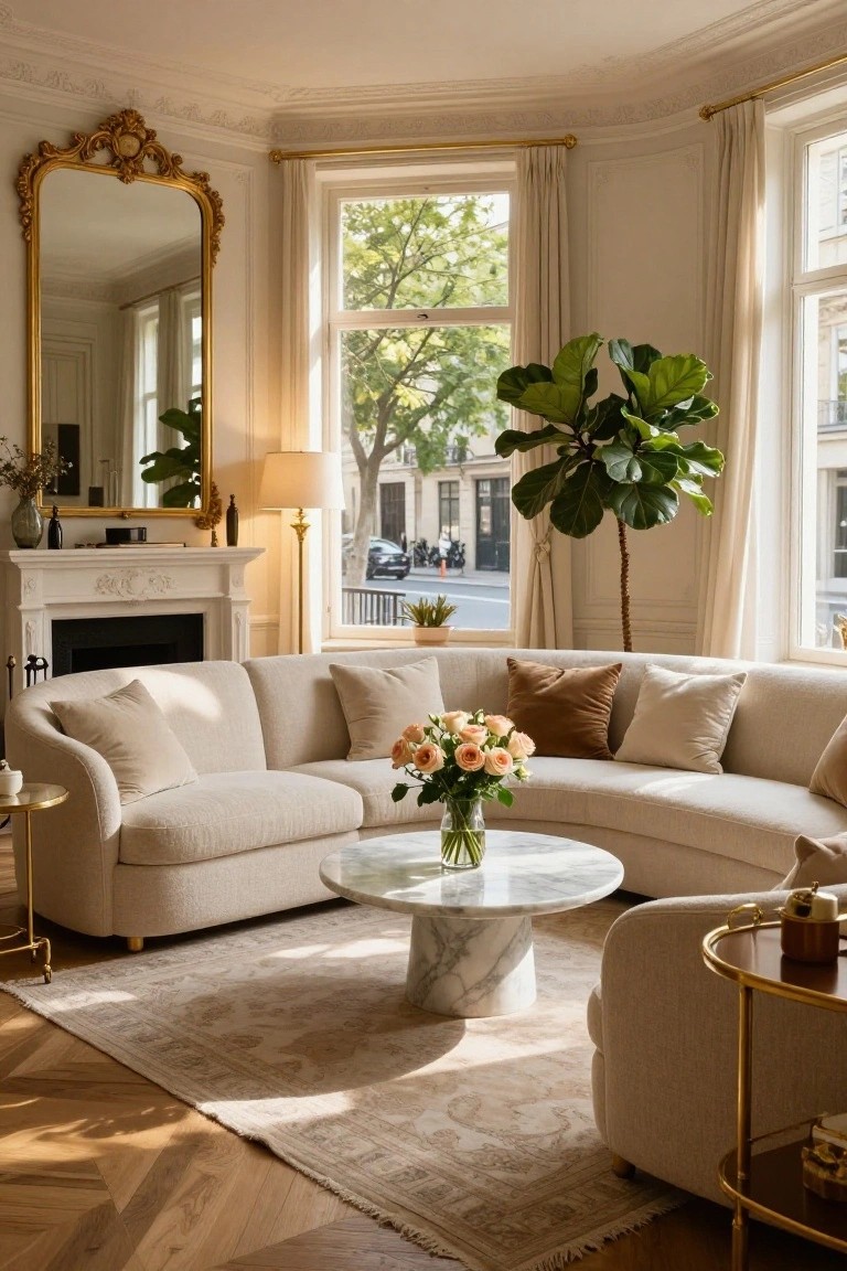 Light beige U-shaped sofa curving around a white marble round coffee table in an elegant living room with a white fireplace, large bay windows, potted fiddle leaf fig plant, gold mirror, and street view outside.